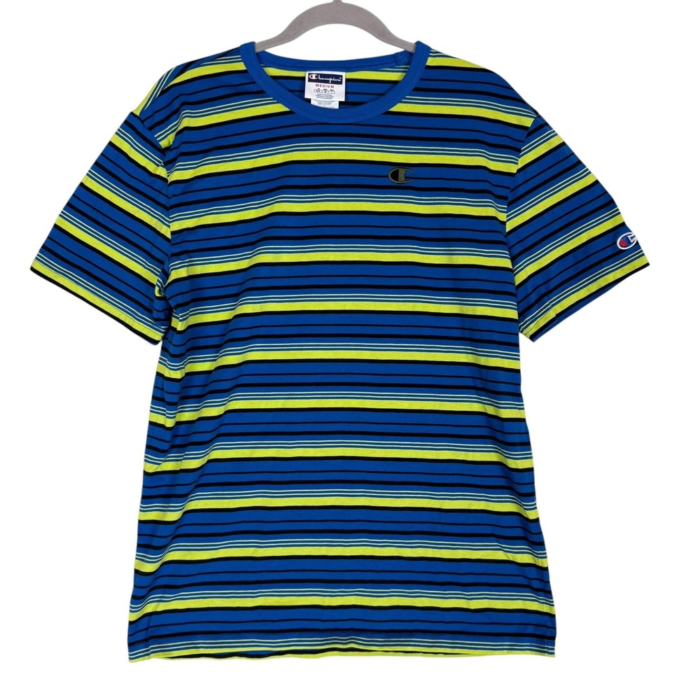 Champion Shirt Mens Medium Blue Stripe Crewneck Logo Tee Cotton Blend Jersey